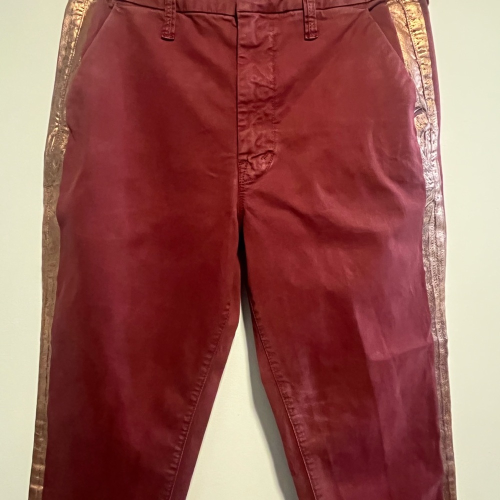 MOTHER The Shaker Metallic-Stripe Cropped Frayed Merlot Sporty Luxe Style Pants - Picture 6 of 16